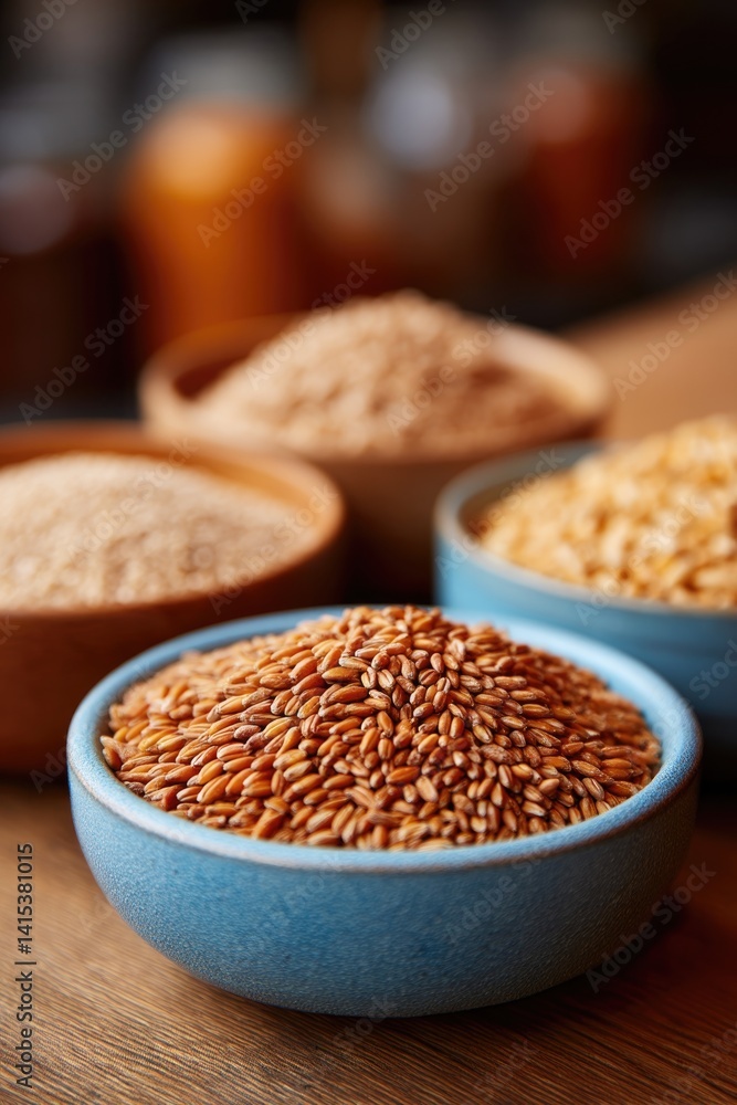 Poster close-up of assorted grains and cereals in simple bowls with blurred figures in background