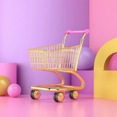 Gold Shopping Cart against Pastel Background in Modern Setting