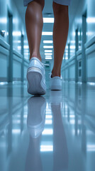 Nurse Feet in White Shoes Walking Down Clean Hospital Corridor