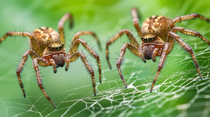 Close-Up of Two Spiders on Delicate Web in Natural Environment