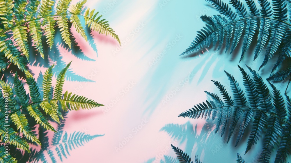 Poster fern leaves and their shadows create a beautiful play of light and color on a gradient backdrop.