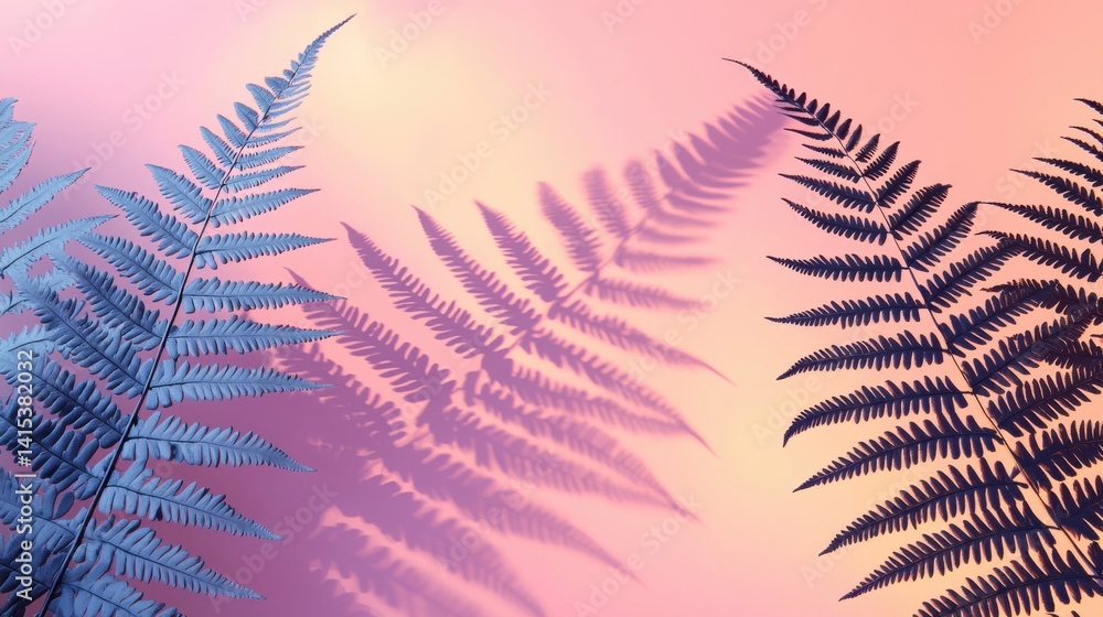 Poster a striking image of fern fronds and their shadows set against a soft gradient backdrop.