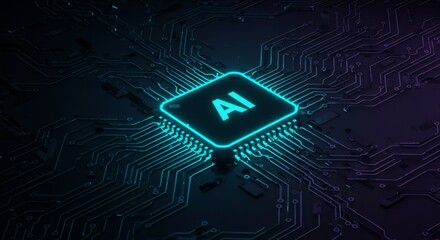Glowing AI chip on dark circuit board. Artificial intelligence processor concept. Future of computing technology. Digital innovation in electronics industry.