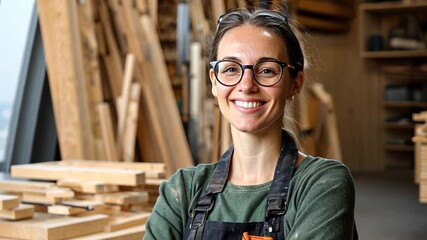 Smiling carpenter in workshop surrounded by wood materials and tools, showcasing craftsmanship