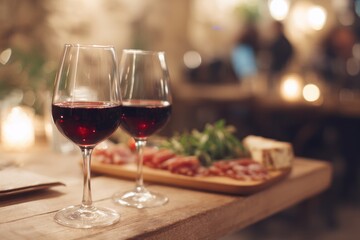 Naklejka premium cozy rustic wine cellar featuring two glasses of red wine and charcuterie board elegant ambiance