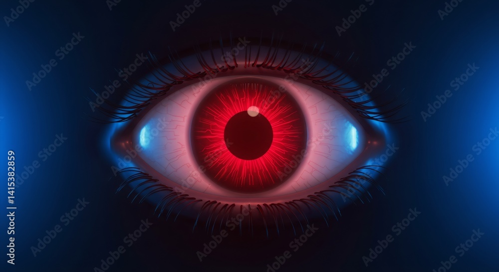 Poster artificial intelligence monitoring concept. red cybernetic eye with digital data. futuristic surveil