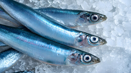 Fototapeta premium Fresh Whole Anchovies on Ice Perfect for Culinary Use and Seafood Presentation in Ultra Detail