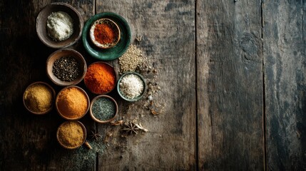 Aromatic Spice Collection on Rustic Wood: A vibrant collection of spices in various small bowls. Each container is brimming with a symphony of aromatic seasonings.