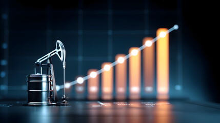 Oil pump jack and rising graph. Oil market growth chart with rising trend line. Financial and economic statistics visualization for investment analysis.