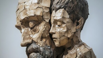 A statue of a son made from pieces of the father. Concept: A representation of parents' selfless sacrifices. symbolizing love, sacrifice and nurturing.