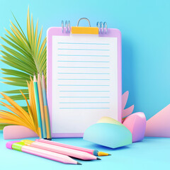 Colorful Clipboard and Stationery on Bright Blue Background