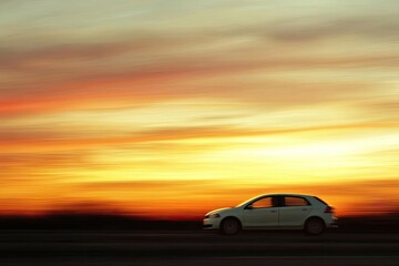 Fototapeta premium A white car drives into a vibrant sunset