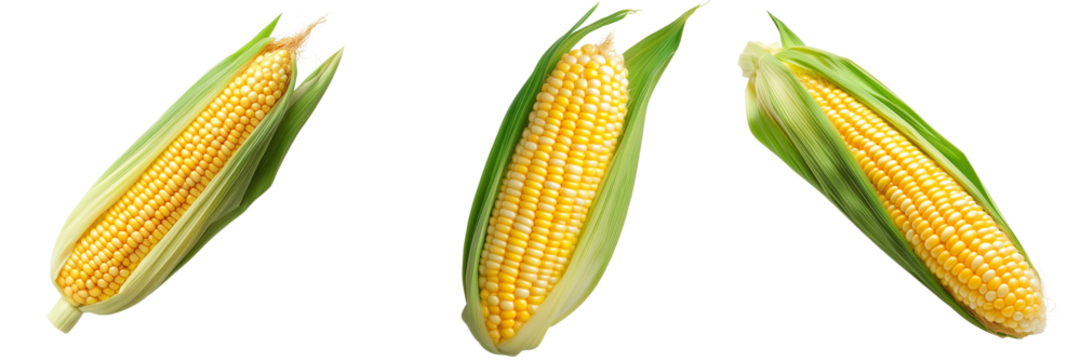 Set of A single fresh ear of corn with husk partially peeled back on transparent png background. Ai generated