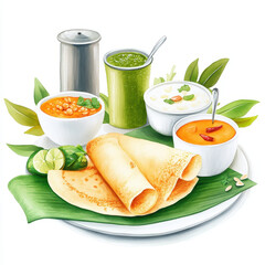 Delicious South Indian Cuisine with Dosa and Variety of Chutneys