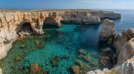 Obraz premium Coastal view with sandstone cliffs forming arches over crystal-clear turquoise water revealing rocky seabed in sunshine
