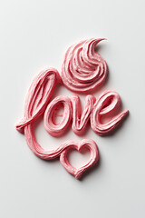 Le mot love accompagn&eacute; d'un coeur &eacute;crits en cr&egrave;me chantilly rose sur fond blanc