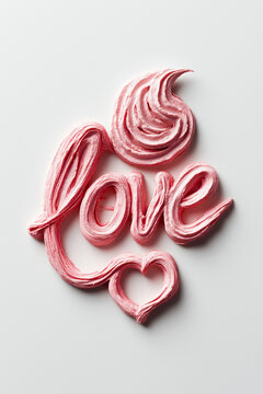 Le mot love accompagn&eacute; d'un coeur &eacute;crits en cr&egrave;me chantilly rose sur fond blanc