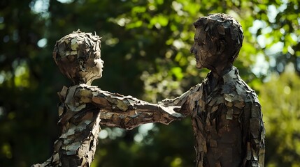 A statue of a son made from pieces of the father. Concept: A representation of parents' selfless sacrifices. symbolizing love, sacrifice and nurturing.