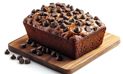 Delicious chocolate chip banana loaf cake on wooden board, showcasing moist texture and rich flavor, perfect for dessert or sweet snack