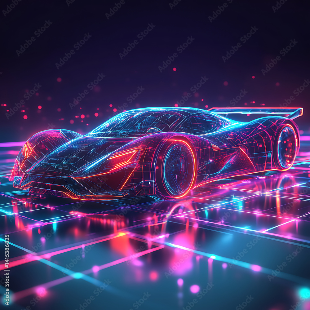 Poster digital blueprint of abstract car featuring geometric shapes and vibrant neon colors, creating futur
