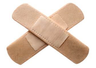 beige medical adhesive bandages crossed over each other, lying flat on a transparent background