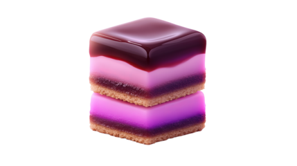 Dessert cube is stacked upon another, featuring a pink and purple jelly layer with a dark burgundy glaze.