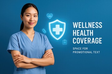 Asian medical worker with 3D health symbol hovering next to them, wellness, health coverage, and space for promotional text
