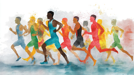 A vibrant watercolor illustration of multiple runners in motion, showcasing diversity and energy in a dynamic sports scene.