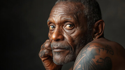Old man with tattoos deep expression thoughtful gaze gray hair strong features skin texture portrait photography emotional depth cultural background wisdom