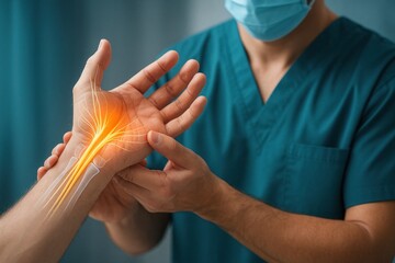 Close-up of hands surgeon in uniform assessing wrist pain in carpal tunnel syndrome, showing light effect and median nerve anatomy overlay