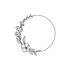 Rustic Floral Wreath Outline with Hand-drawn Flowers and Leaves