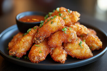 Plate of fried food with dipping sauce, crispy exterior, and golden-brown color. A mix of chicken wings, onion rings, and jalapeno poppers.