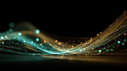 Golden-Green Abstract Light: Abstract composition, featuring a flowing wave of luminous gold and green particles against a deep black background.