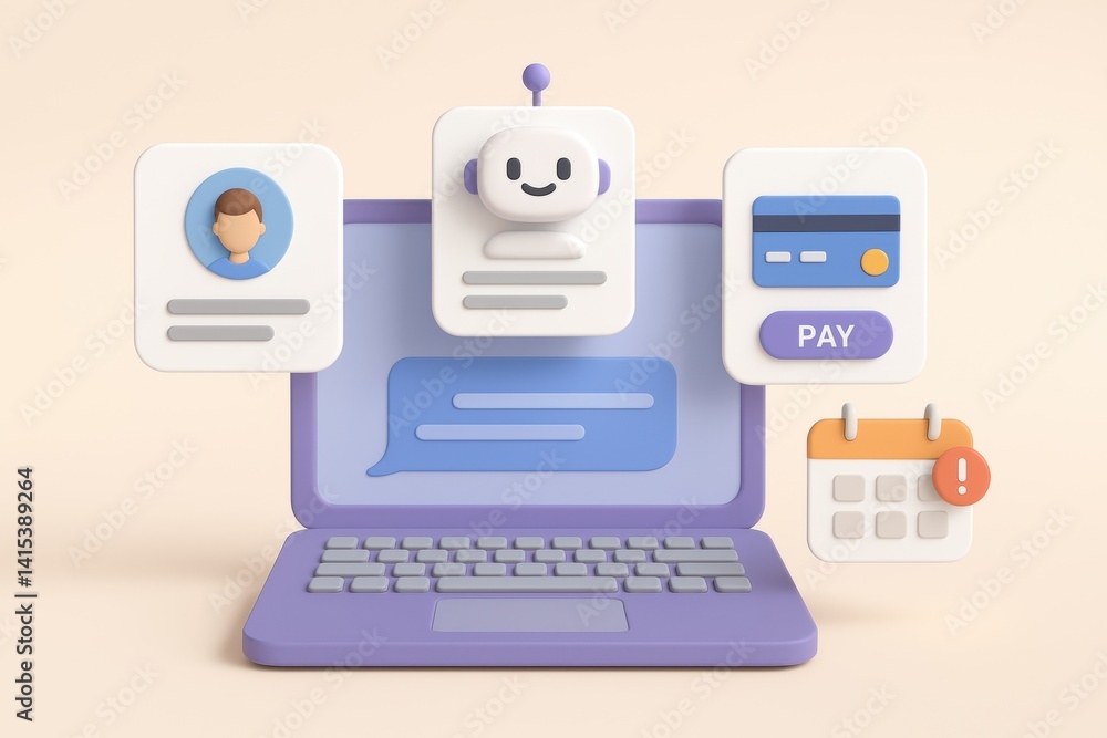 Poster digital assistance on laptop: a 3d rendering illustrates digital assistant and payment integration o