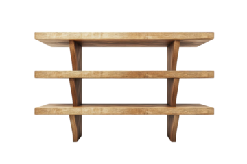 Rustic three tiered wooden shelf minimalist design showcasing natural wood grain perfect for home d cor adding warmth and style to any on transparent background