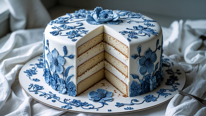 Delicious layered cake decorated with blue flowers sitting on a plate