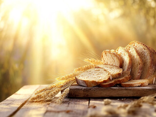 Freshly baked bread with a golden crust on a wooden surface, accompanied by wheat stalks and scattered grains, illuminated by warm glowing light.