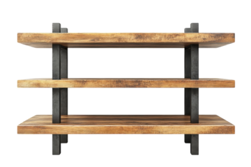 Rustic three tiered wooden shelf with sleek black metal supports perfect for rustic home decor adding a touch of industrial farmhouse on transparent background