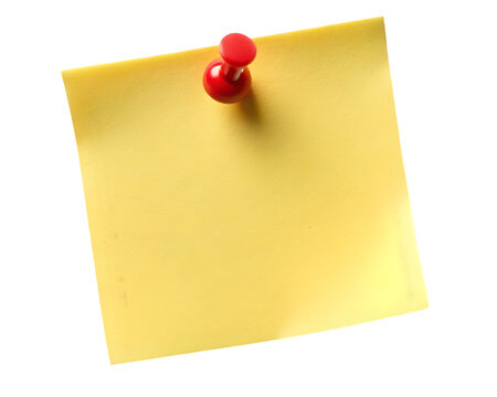 Yellow sticky post it note with red push pin on a transparent background