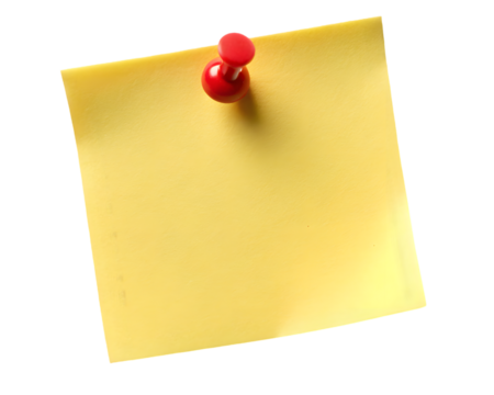 Yellow sticky post it note with red push pin on a transparent background