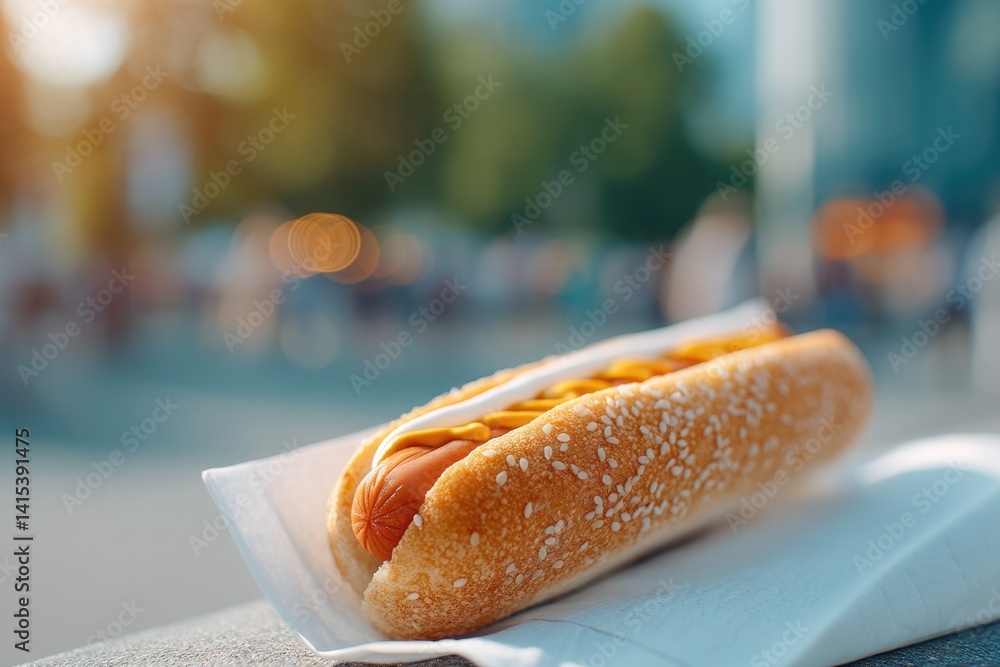 Poster hot dog in foreground blurred people in background with ample copy space and minimalistic clean imag
