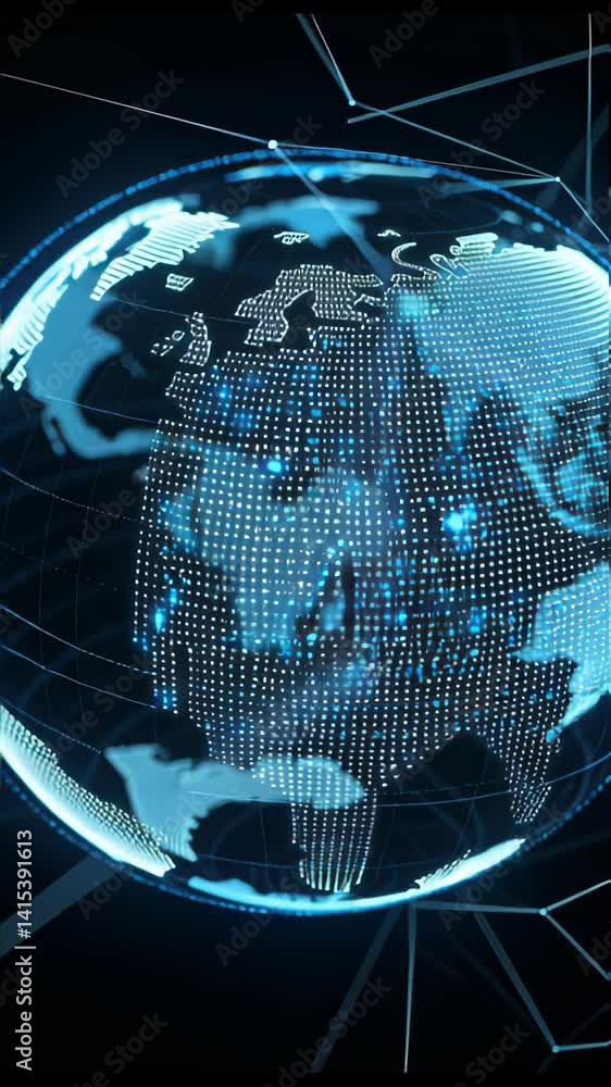 Poster High-tech digital globe view of Eurasia with illuminated grid points and network lines over a dark background