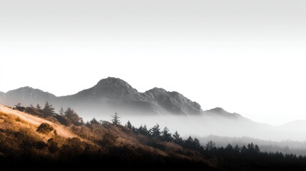 Serene mountain landscape at dawn with misty hills and soft light illuminating the scene