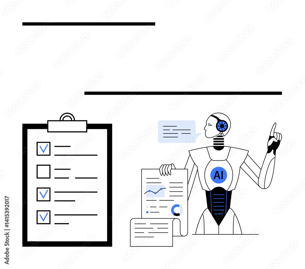 Aufkleber ai-powered robot explaining data reports with charts, checklist document, and analytics. ideal for t
