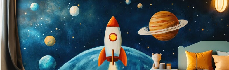 Enchanting Children's Room with Space Exploration Themed Wall Painting
