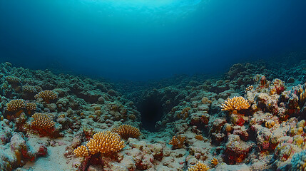 Obraz premium An underwater scene shows corals and sand with sun rays filtering through clear blue water creating an enchanting aquat