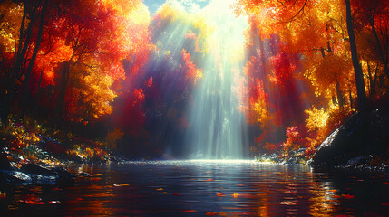 Fototapeta premium Autumn forest with orange and red trees reflect in the lake illuminated by sunrays streaming through the branches