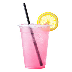 fresh icy pink lemonade on a transparent takeaway plastic cup, for logo mockup, png transparent background