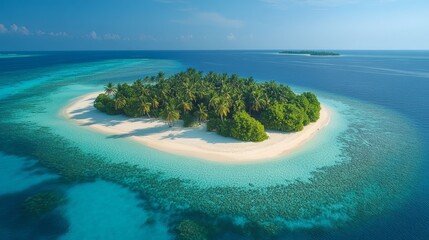 A beautiful island with lush green palms swaying in the breeze, clear turquoise waters, and distant islets under a bright blue sky, perfect for tranquility and relaxation