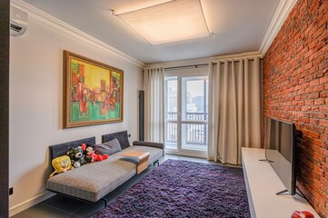 interior room apartment bedroom with bed, cozy place to sleep and relax